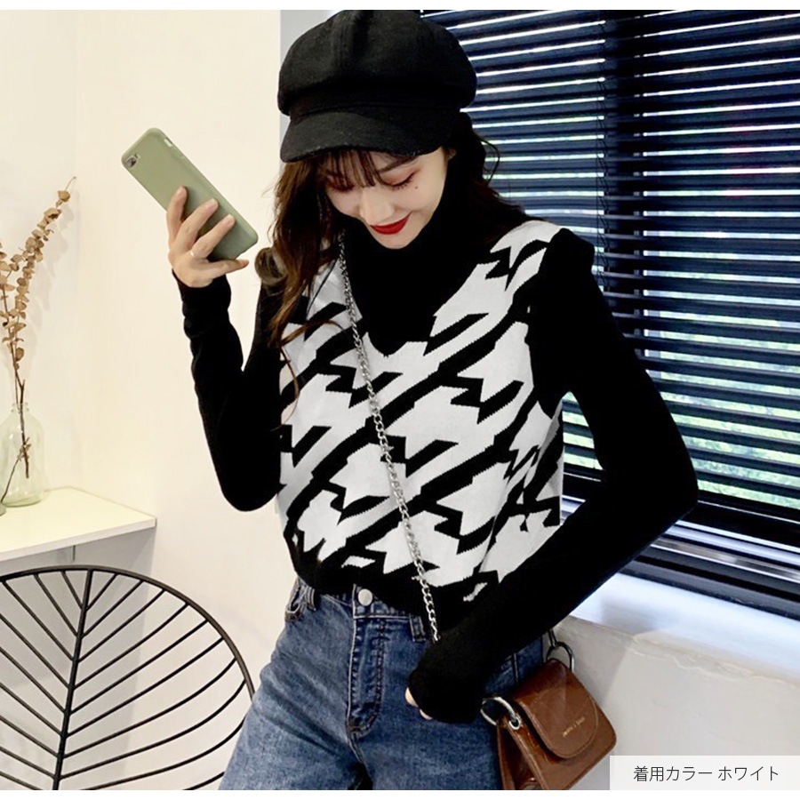 ニットベスト 格子 トップス 韓国ファッション 韓国 大人 Vネック シンプル ストリート レイヤード レディース 春 夏 秋 冬 新作 ブラック 黒 ブラウン 茶 フリーサイズ JOCOSA 7057