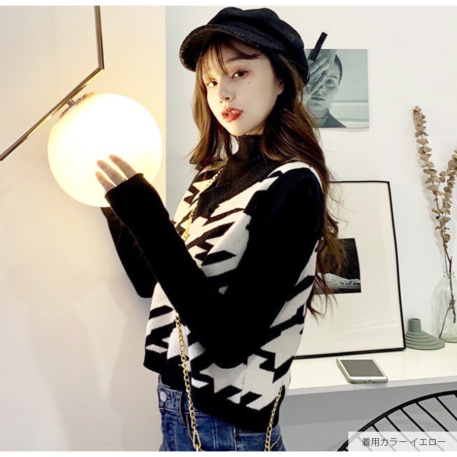 ニットベスト 格子 トップス 韓国ファッション 韓国 大人 Vネック シンプル ストリート レイヤード レディース 春 夏 秋 冬 新作 ブラック 黒 ブラウン 茶 フリーサイズ JOCOSA 7057