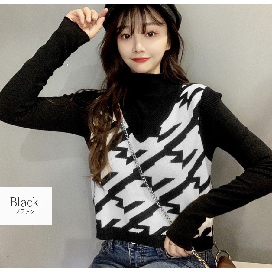 ニットベスト 格子 トップス 韓国ファッション 韓国 大人 Vネック シンプル ストリート レイヤード レディース 春 夏 秋 冬 新作 ブラック 黒 ブラウン 茶 フリーサイズ JOCOSA 7057