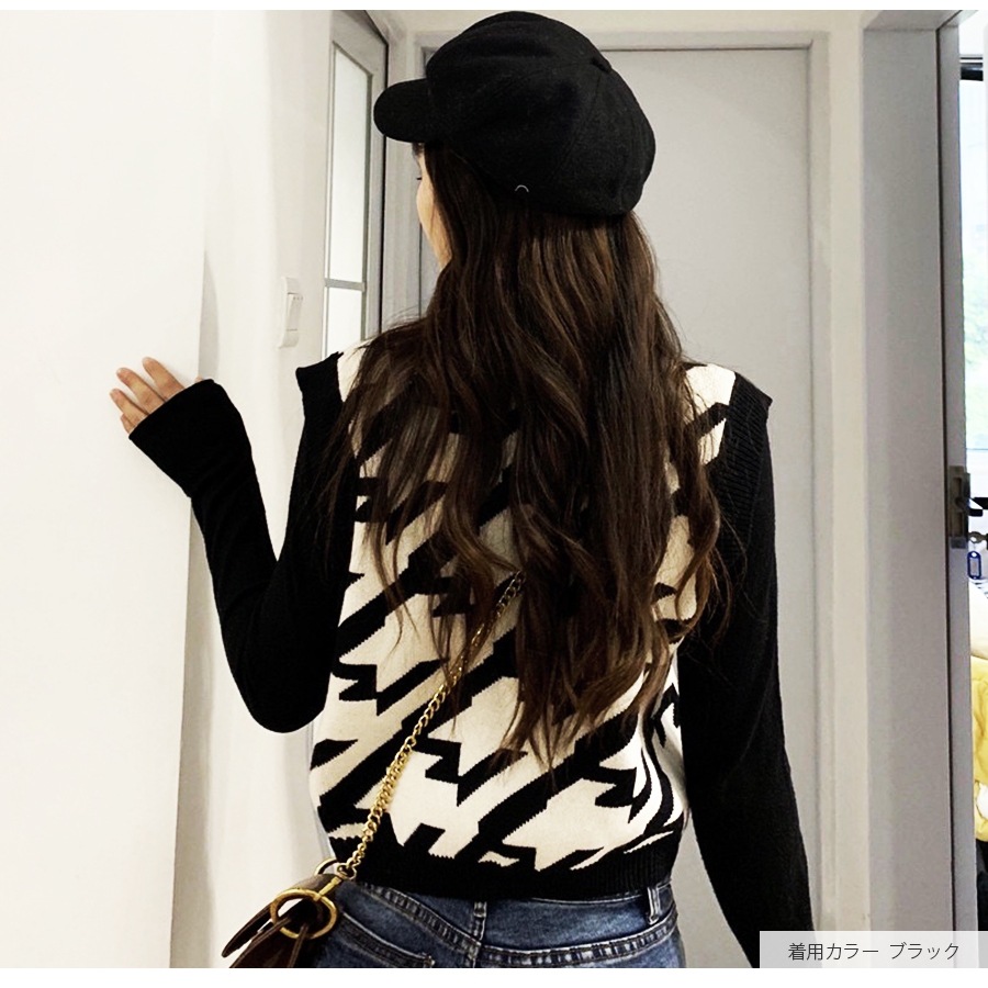 ニットベスト 格子 トップス 韓国ファッション 韓国 大人 Vネック シンプル ストリート レイヤード レディース 春 夏 秋 冬 新作 ブラック 黒 ブラウン 茶 フリーサイズ JOCOSA 7057