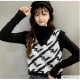 ニットベスト 格子 トップス 韓国ファッション 韓国 大人 Vネック シンプル ストリート レイヤード レディース 春 夏 秋 冬 新作 ブラック 黒 ブラウン 茶 フリーサイズ JOCOSA 7057