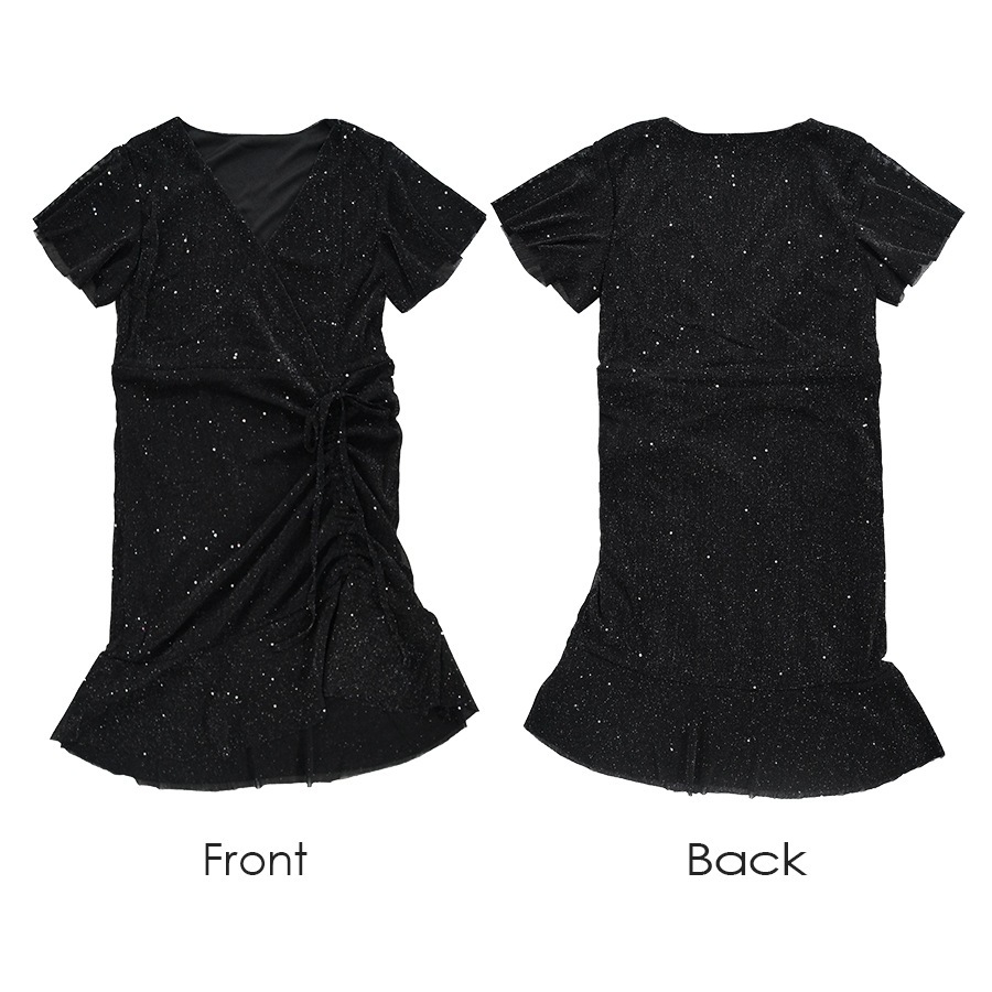 ワンピース ラメ 半袖 フレア ギャザー リボン Vネック 春 ドレス オフィスカジュアル セクシー パーティ リゾート カシュクール 韓国ファッション 大人 レディース 夏 秋 ブラック グレー フリーサイズ JOCOSA 8886