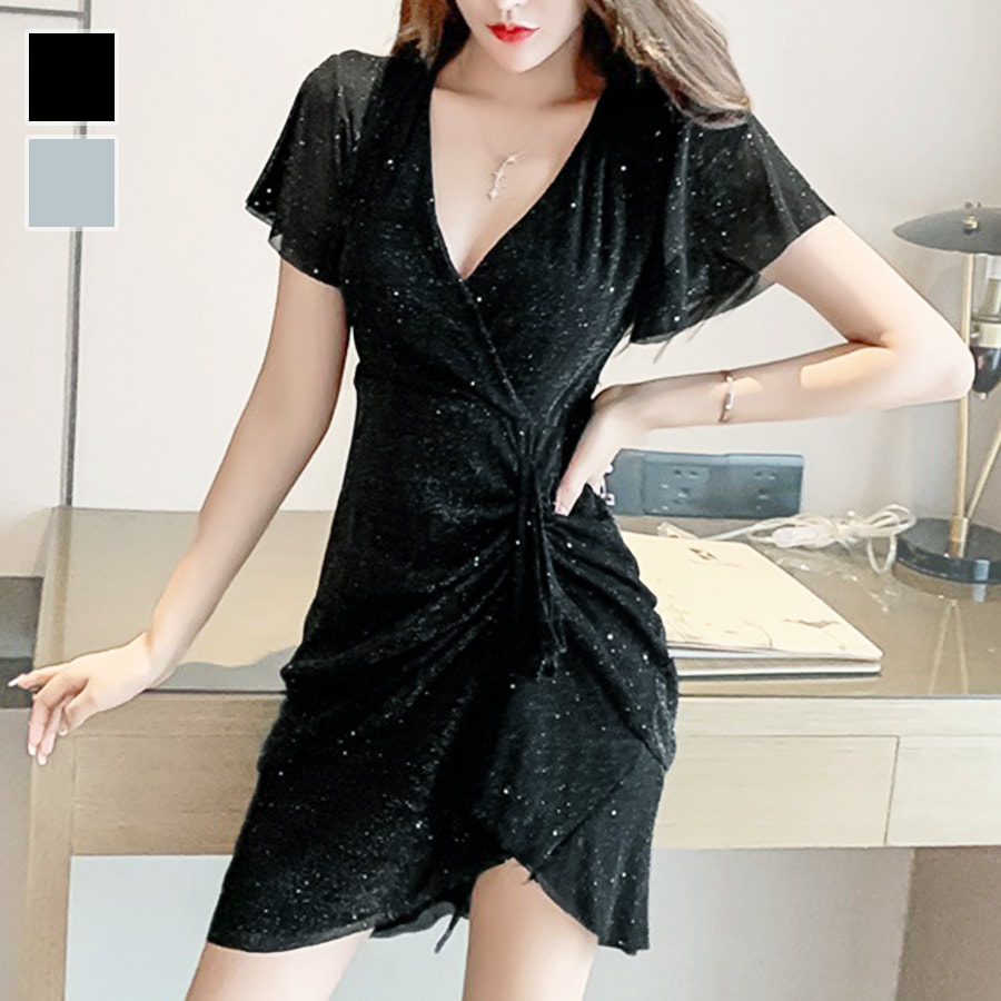 ワンピース ラメ 半袖 フレア ギャザー リボン Vネック 春 ドレス オフィスカジュアル セクシー パーティ リゾート カシュクール 韓国ファッション 大人 レディース 夏 秋 ブラック グレー フリーサイズ JOCOSA 8886