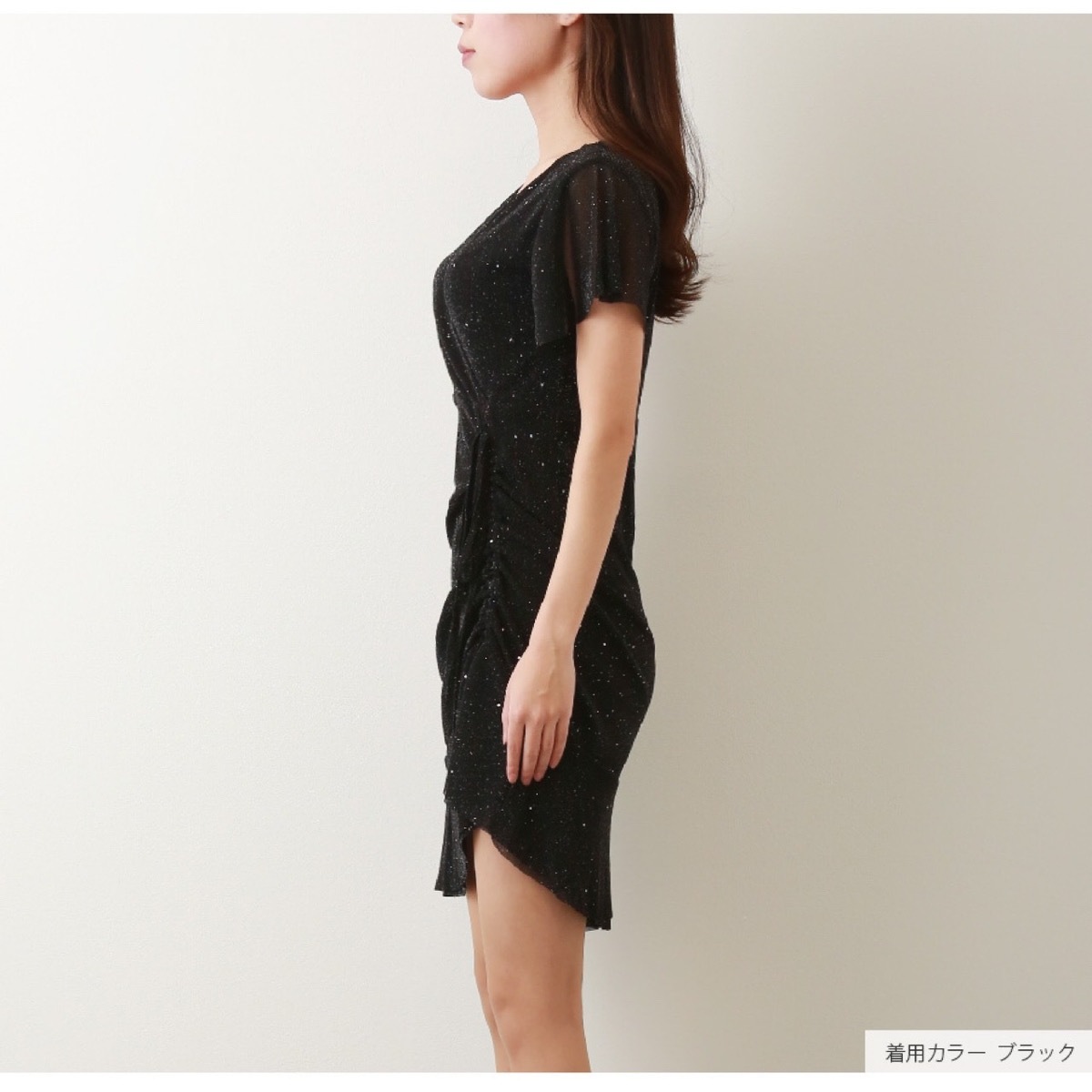 ワンピース ラメ 半袖 フレア ギャザー リボン Vネック 春 ドレス オフィスカジュアル セクシー パーティ リゾート カシュクール 韓国ファッション 大人 レディース 夏 秋 ブラック グレー フリーサイズ JOCOSA 8886