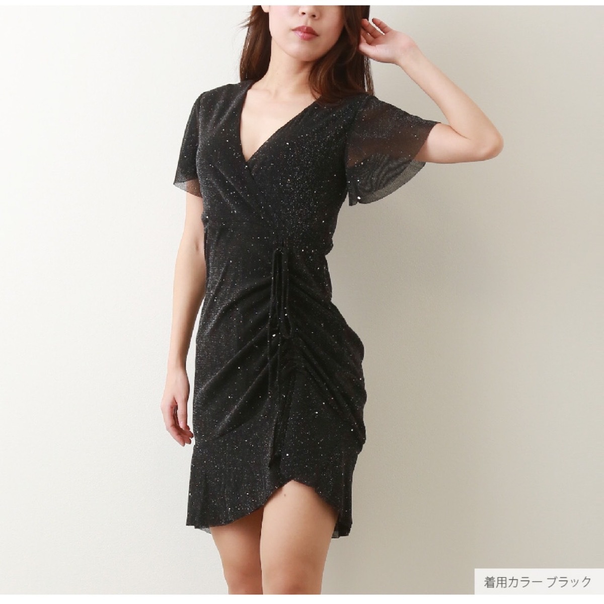 ワンピース ラメ 半袖 フレア ギャザー リボン Vネック 春 ドレス オフィスカジュアル セクシー パーティ リゾート カシュクール 韓国ファッション 大人 レディース 夏 秋 ブラック グレー フリーサイズ JOCOSA 8886