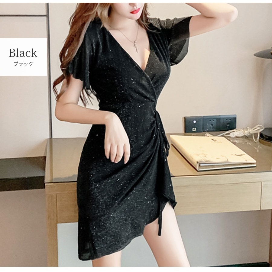 ワンピース ラメ 半袖 フレア ギャザー リボン Vネック 春 ドレス オフィスカジュアル セクシー パーティ リゾート カシュクール 韓国ファッション 大人 レディース 夏 秋 ブラック グレー フリーサイズ JOCOSA 8886