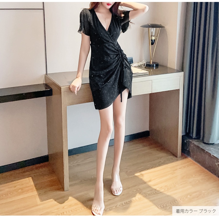ワンピース ラメ 半袖 フレア ギャザー リボン Vネック 春 ドレス オフィスカジュアル セクシー パーティ リゾート カシュクール 韓国ファッション 大人 レディース 夏 秋 ブラック グレー フリーサイズ JOCOSA 8886