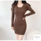 ニットワンピース ミニ丈 長袖 Uネック セクシー ワンピース リブ 膝上 タイトワンピース ギャル カジュアル きれいめ 大人可愛い Y2K 韓国ファッション シンプル 大人 レディース 春 秋 冬 ブラック 黒 ベージュ ブラウン 茶 アイボリー フリーサイズ JOCOSA 9243
