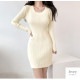 ニットワンピース ミニ丈 長袖 Uネック セクシー ワンピース リブ 膝上 タイトワンピース ギャル カジュアル きれいめ 大人可愛い Y2K 韓国ファッション シンプル 大人 レディース 春 秋 冬 ブラック 黒 ベージュ ブラウン 茶 アイボリー フリーサイズ JOCOSA 9243
