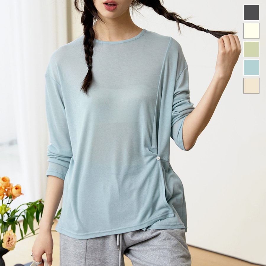 トップス シアー 2way 長袖 スリット ゆったり ボタン ギャザー 定番 ルームウェア シンプル 韓国ファッション レディース 新作 春 夏 ブラック ホワイト グリーン ブルー アイボリー フリーサイズ JOCOSA 7184