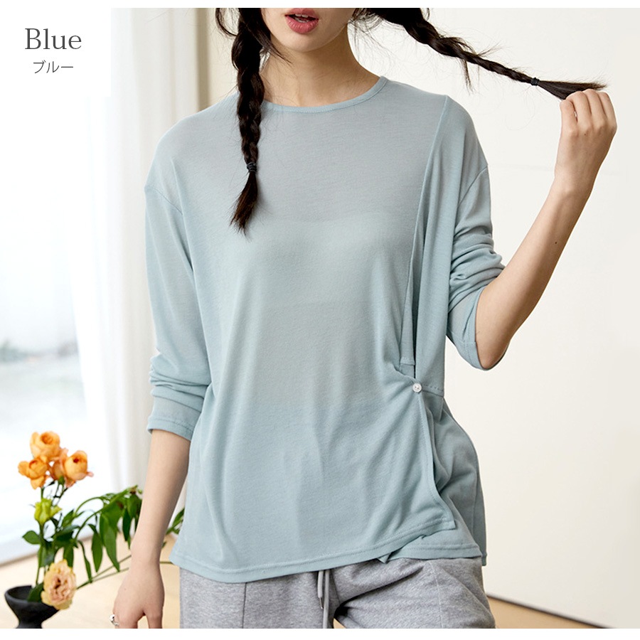 トップス シアー 2way 長袖 スリット ゆったり ボタン ギャザー 定番 ルームウェア シンプル 韓国ファッション レディース 新作 春 夏 ブラック ホワイト グリーン ブルー アイボリー フリーサイズ JOCOSA 7184