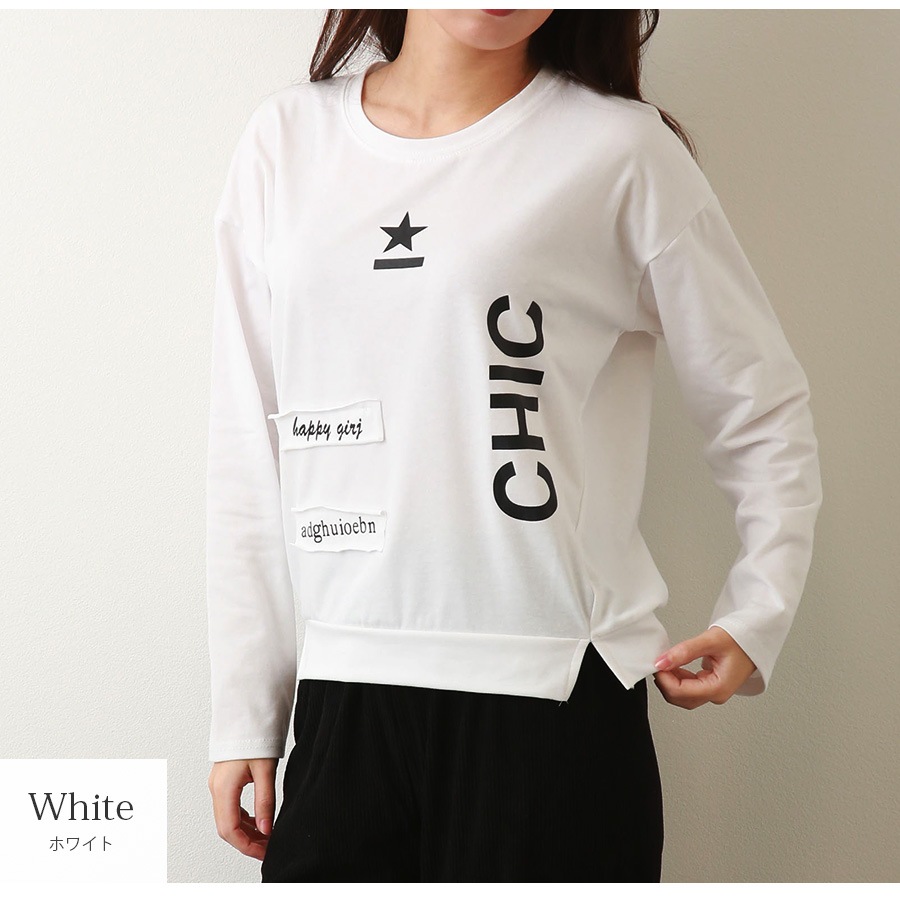 ロンT ロゴ 長袖 トップス ラウンドネック 春 夏 秋 Tシャツ カットソー スリット ベーシック シンプル カジュアル 韓国ファッション 大人 レディース ホワイト ピンク グリーン M L XL JOCOSA 7192