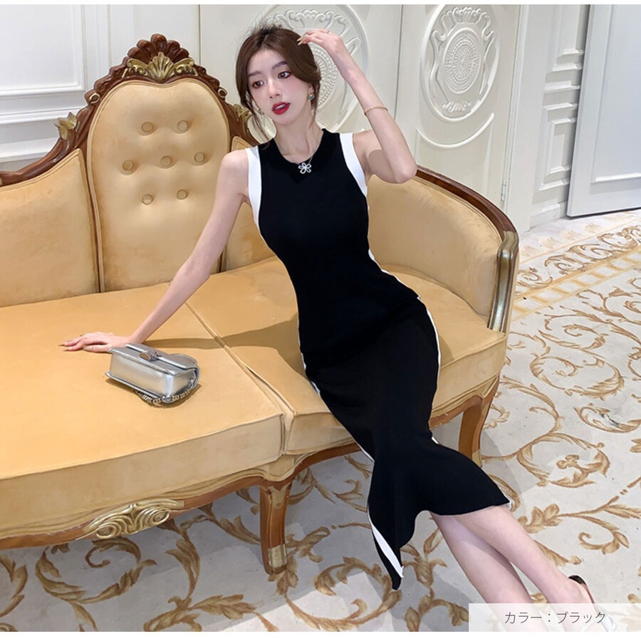 ワンピース ニット ノースリーブ タイト ロング丈 スリット ラウンドネック 春服 夏服 韓国 JOCOSA 5006