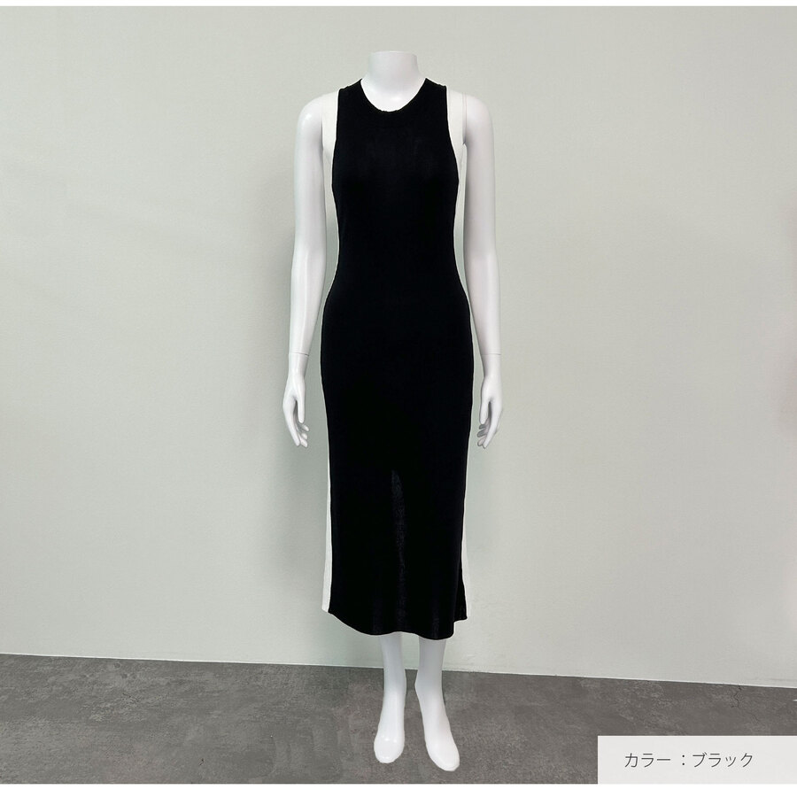 ワンピース ニット ノースリーブ タイト ロング丈 スリット ラウンドネック 春服 夏服 韓国 JOCOSA 5006