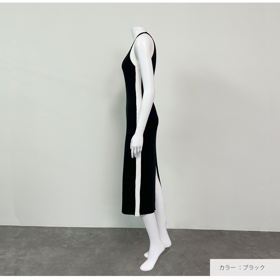 ワンピース ニット ノースリーブ タイト ロング丈 スリット ラウンドネック 春服 夏服 韓国 JOCOSA 5006
