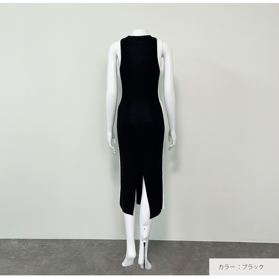 ワンピース ニット ノースリーブ タイト ロング丈 スリット ラウンドネック 春服 夏服 韓国 JOCOSA 5006