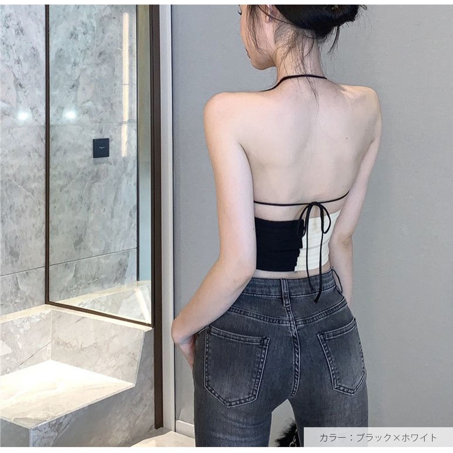 トップス ノースリーブ ニット ホルターネック  ショート丈 伸縮 韓国ファッション レディース フリーサイズ JOCOSA 7262