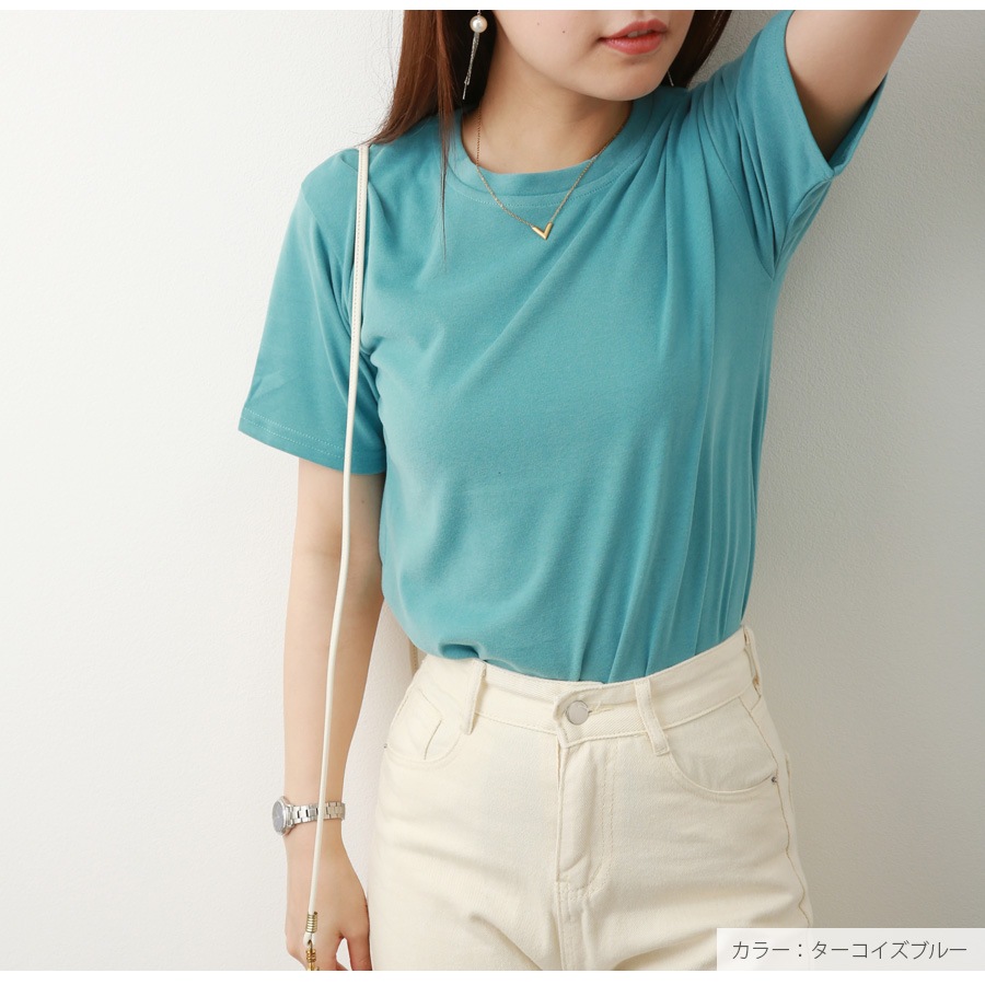 Tシャツ 無地 半袖 シンプル トップス ラウンドネック 春 夏 韓国ファッション レディース ホワイト アイボリー ライトベージュ オレンジ ラベンダー ブルー ターコイズブルー グリーン M L JOCOSA 7189