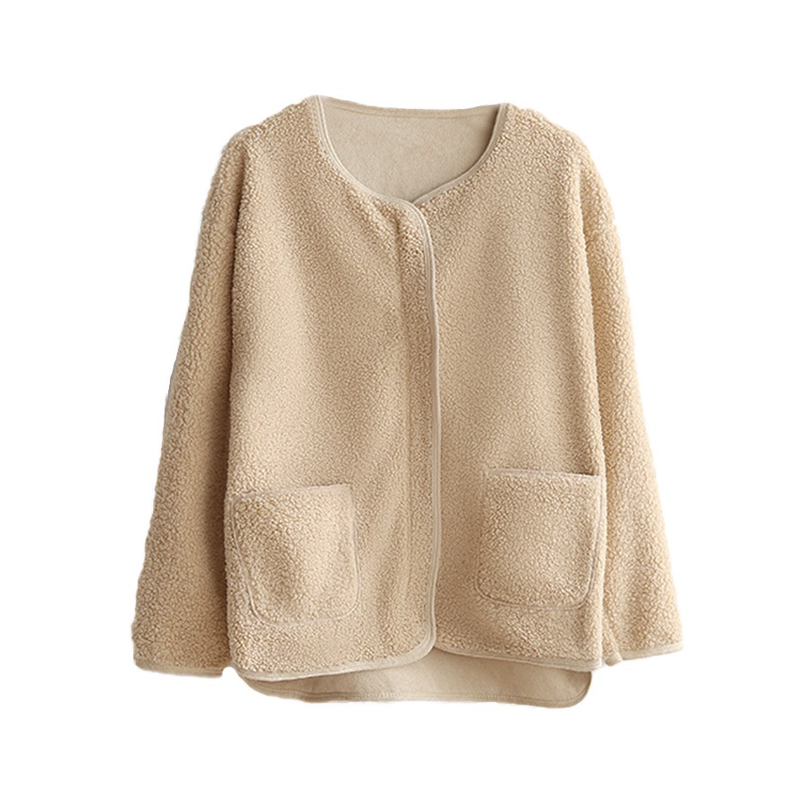 ボアジャケット 襟なし 春 アウター ブルゾン 長袖 ファスナー ポケット スプリングアウター 韓国ファッション ジャケット ボア 秋 冬 もこもこ 大人 シンプル カジュアル おしゃれ かわいい レディース 新作 ブラック 黒 ベージュ 茶 ブラウン S M L JOCOSA 8368