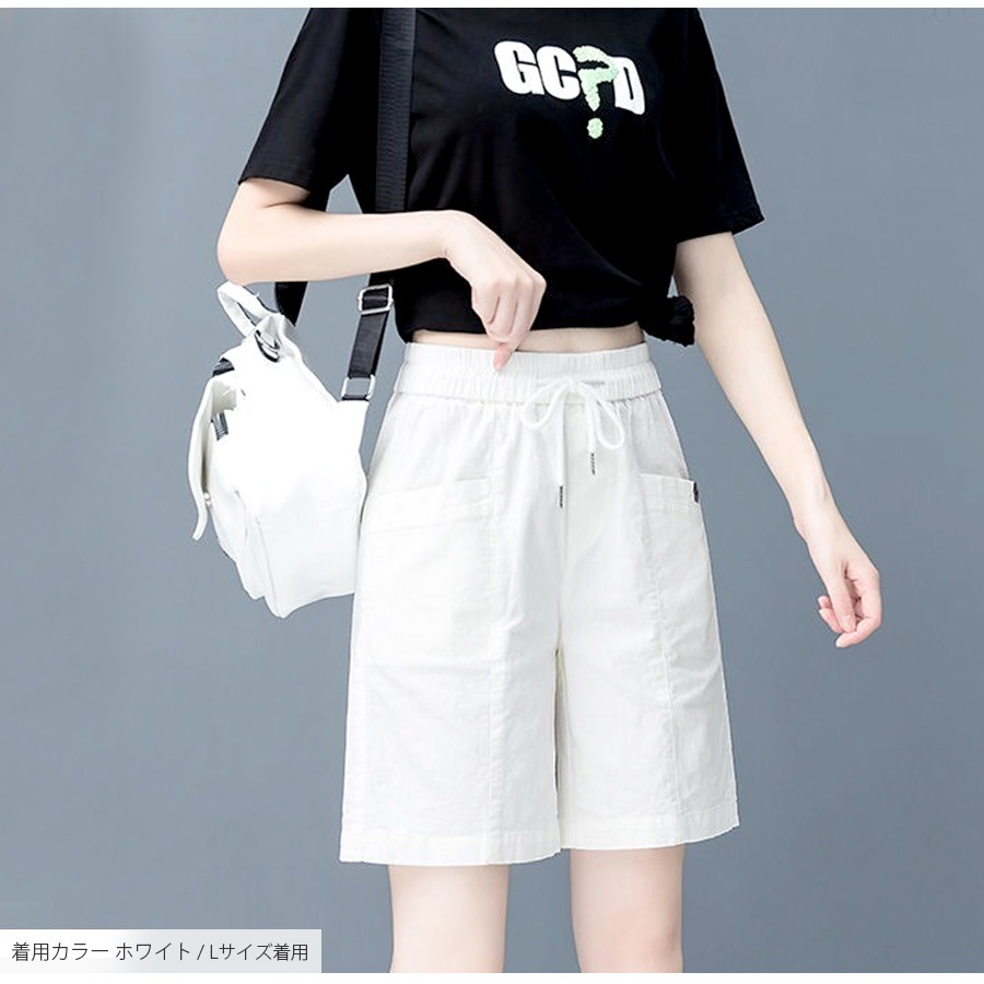 ショートパンツ 膝上 ポケット コットン タック カジュアル アウトドア スポーティー シンプル 無地 タグ 韓国ファッション レディース 新作 春 夏 秋 ブラック 黒 ホワイト 白 ベージュ 茶 M L JOCOSA 8199