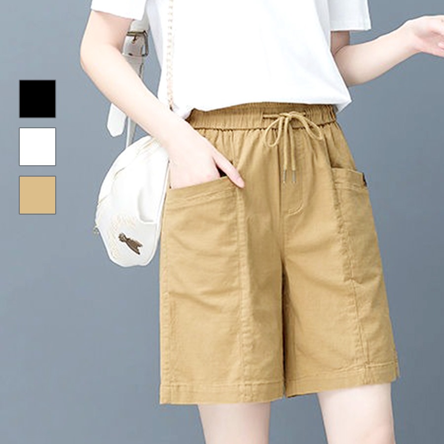 ショートパンツ 膝上 ポケット コットン タック カジュアル アウトドア スポーティー シンプル 無地 タグ 韓国ファッション レディース 新作 春 夏 秋 ブラック 黒 ホワイト 白 ベージュ 茶 M L JOCOSA 8199