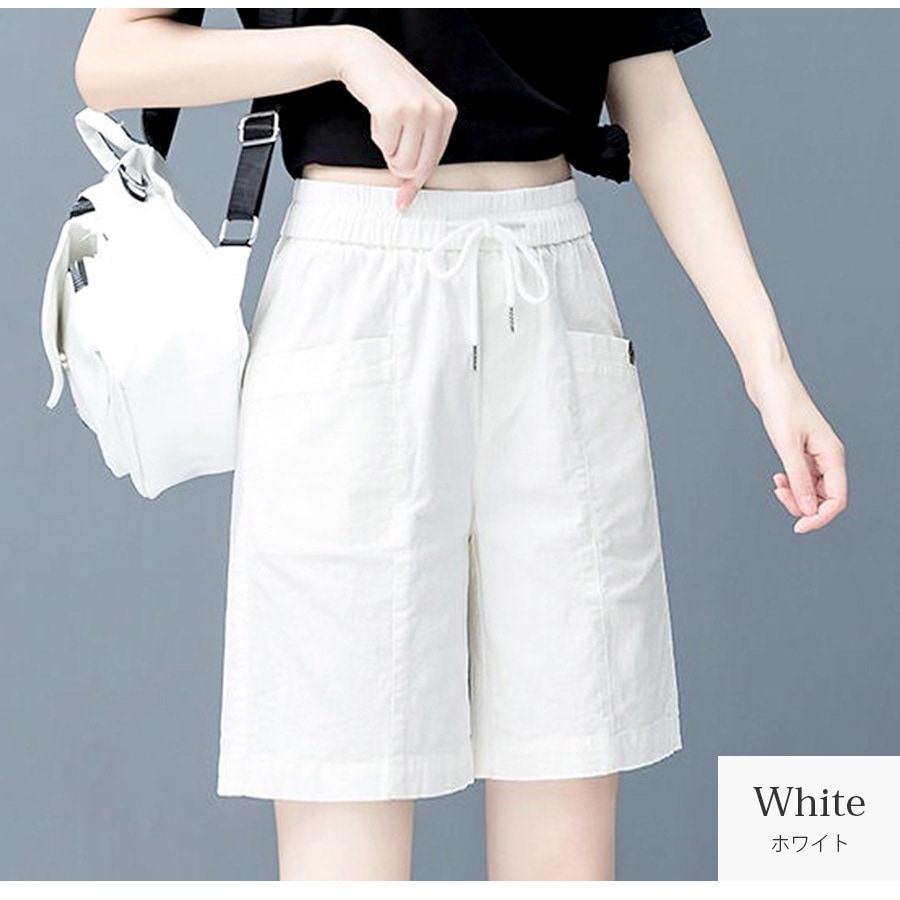 ショートパンツ 膝上 ポケット コットン タック カジュアル アウトドア スポーティー シンプル 無地 タグ 韓国ファッション レディース 新作 春 夏 秋 ブラック 黒 ホワイト 白 ベージュ 茶 M L JOCOSA 8199
