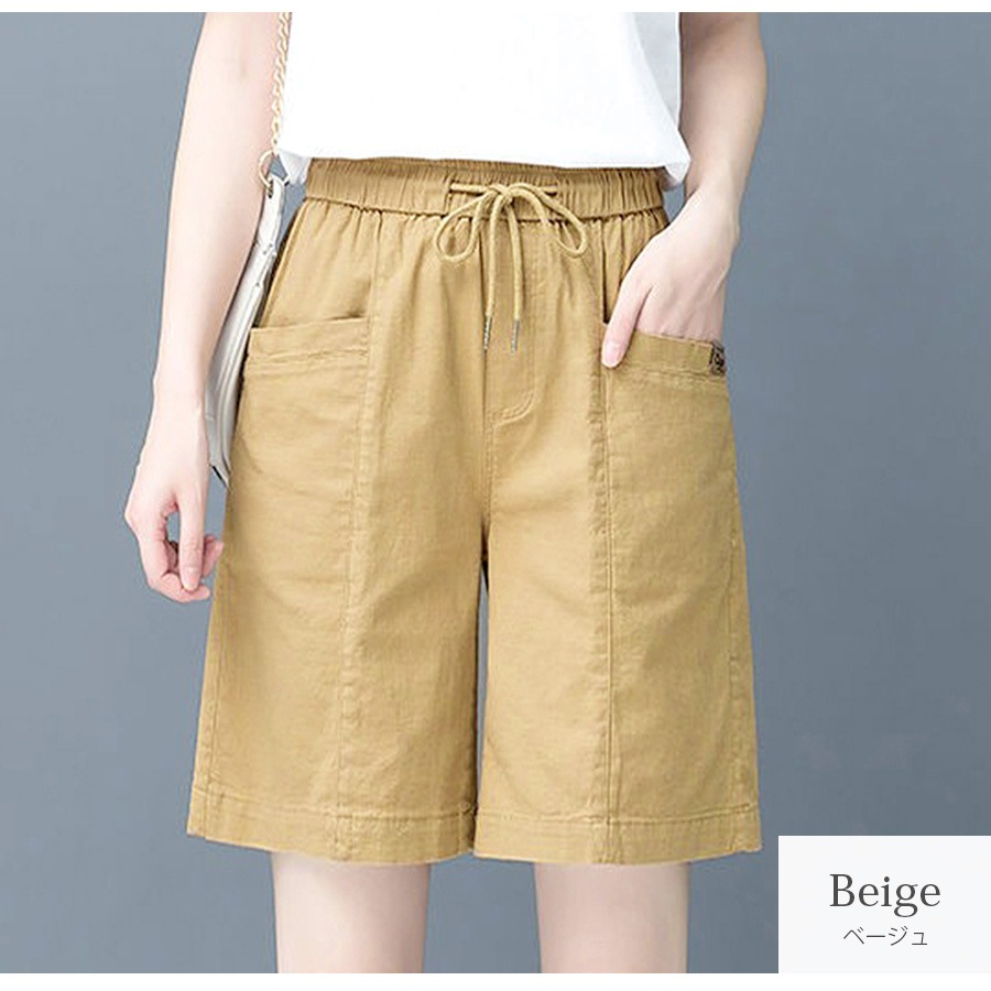 ショートパンツ 膝上 ポケット コットン タック カジュアル アウトドア スポーティー シンプル 無地 タグ 韓国ファッション レディース 新作 春 夏 秋 ブラック 黒 ホワイト 白 ベージュ 茶 M L JOCOSA 8199