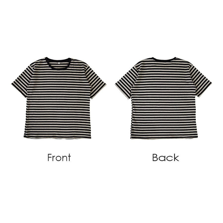 Tシャツ ボーダー 定番 トップス ラウンドネック 半袖 春 夏 ベーシック シンプル カジュアル 韓国ファッション 大人 レディース ブラック ブラウン グリーン M L XL JOCOSA 7186