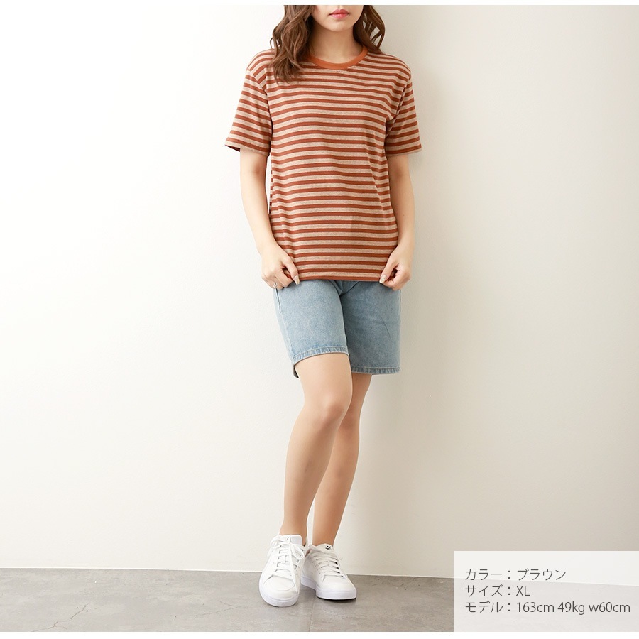 Tシャツ ボーダー 定番 トップス ラウンドネック 半袖 春 夏 ベーシック シンプル カジュアル 韓国ファッション 大人 レディース ブラック ブラウン グリーン M L XL JOCOSA 7186