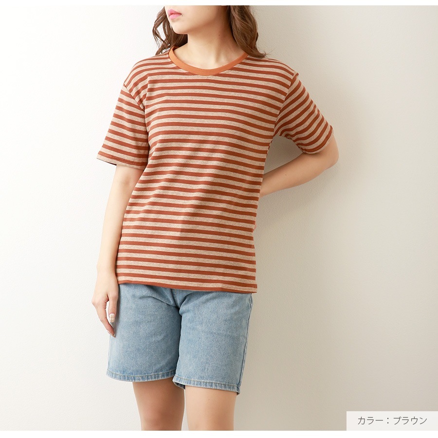 Tシャツ ボーダー 定番 トップス ラウンドネック 半袖 春 夏 ベーシック シンプル カジュアル 韓国ファッション 大人 レディース ブラック ブラウン グリーン M L XL JOCOSA 7186