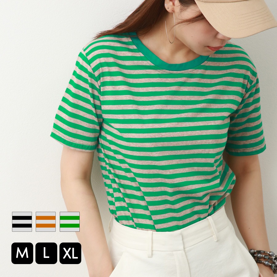 Tシャツ ボーダー 定番 トップス ラウンドネック 半袖 春 夏 ベーシック シンプル カジュアル 韓国ファッション 大人 レディース ブラック ブラウン グリーン M L XL JOCOSA 7186