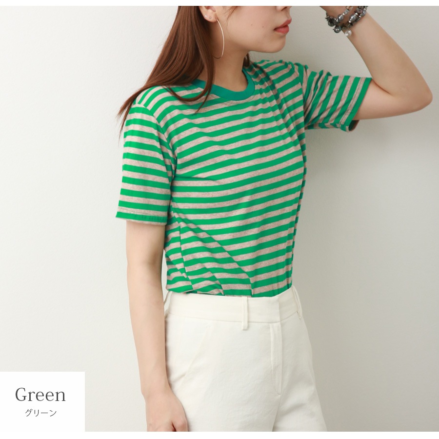 Tシャツ ボーダー 定番 トップス ラウンドネック 半袖 春 夏 ベーシック シンプル カジュアル 韓国ファッション 大人 レディース ブラック ブラウン グリーン M L XL JOCOSA 7186