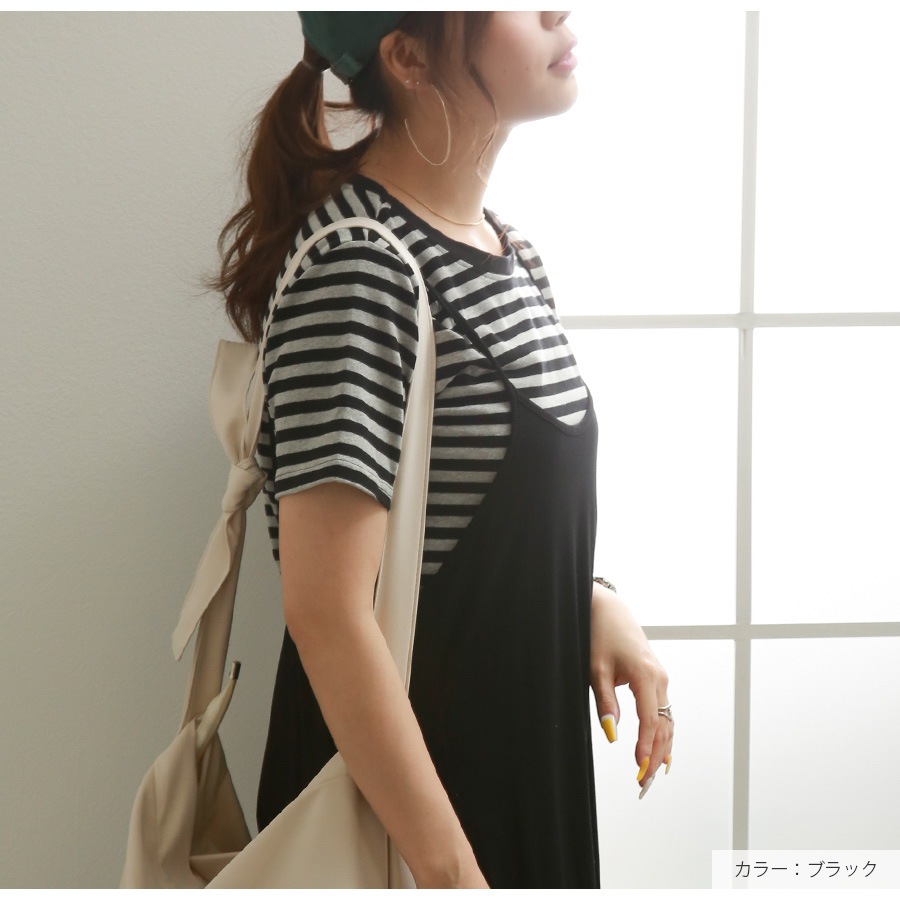 Tシャツ ボーダー 定番 トップス ラウンドネック 半袖 春 夏 ベーシック シンプル カジュアル 韓国ファッション 大人 レディース ブラック ブラウン グリーン M L XL JOCOSA 7186