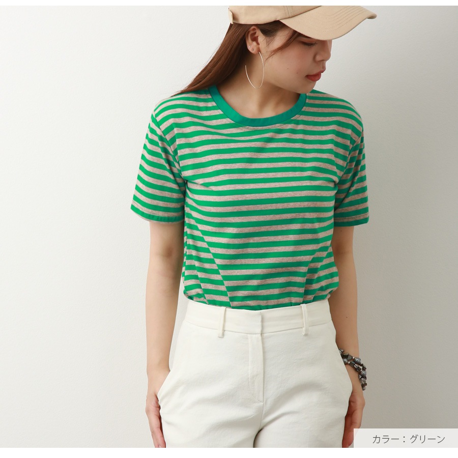 Tシャツ ボーダー 定番 トップス ラウンドネック 半袖 春 夏 ベーシック シンプル カジュアル 韓国ファッション 大人 レディース ブラック ブラウン グリーン M L XL JOCOSA 7186