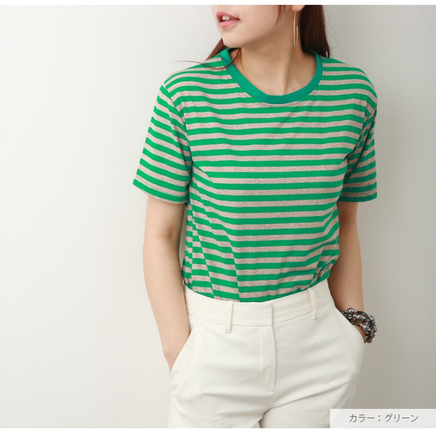 Tシャツ ボーダー 定番 トップス ラウンドネック 半袖 春 夏 ベーシック シンプル カジュアル 韓国ファッション 大人 レディース ブラック ブラウン グリーン M L XL JOCOSA 7186