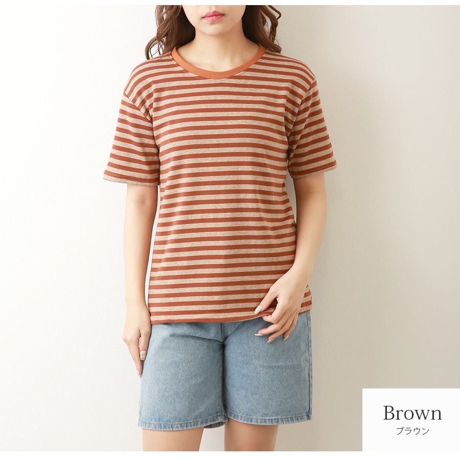 Tシャツ ボーダー 定番 トップス ラウンドネック 半袖 春 夏 ベーシック シンプル カジュアル 韓国ファッション 大人 レディース ブラック ブラウン グリーン M L XL JOCOSA 7186