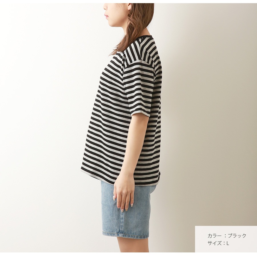 Tシャツ ボーダー 定番 トップス ラウンドネック 半袖 春 夏 ベーシック シンプル カジュアル 韓国ファッション 大人 レディース ブラック ブラウン グリーン M L XL JOCOSA 7186