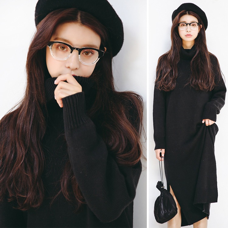 ワンピース レディース 長袖 ニット マキシ丈 ロング タートルネック 厚手 無地 スリット 秋 冬 シンプル ルームウェア ゆる カジュアル ブラック ブラウン ピンク 黒 茶色JOCOSA 即納 8294 あったかニット