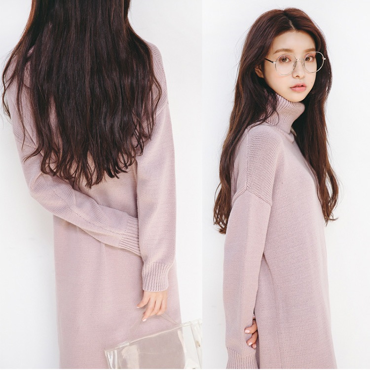 ワンピース レディース 長袖 ニット マキシ丈 ロング タートルネック 厚手 無地 スリット 秋 冬 シンプル ルームウェア ゆる カジュアル ブラック ブラウン ピンク 黒 茶色JOCOSA 即納 8294 あったかニット