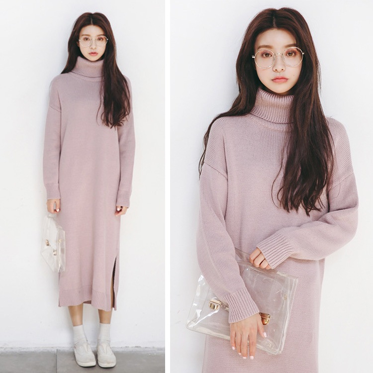 ワンピース レディース 長袖 ニット マキシ丈 ロング タートルネック 厚手 無地 スリット 秋 冬 シンプル ルームウェア ゆる カジュアル ブラック ブラウン ピンク 黒 茶色JOCOSA 即納 8294 あったかニット