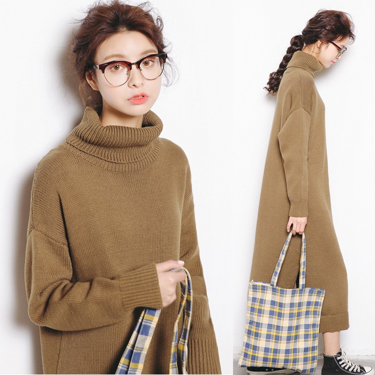 ワンピース レディース 長袖 ニット マキシ丈 ロング タートルネック 厚手 無地 スリット 秋 冬 シンプル ルームウェア ゆる カジュアル ブラック ブラウン ピンク 黒 茶色JOCOSA 即納 8294 あったかニット