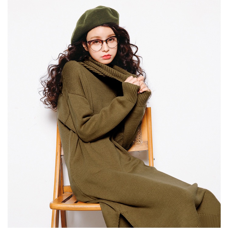 ワンピース レディース 長袖 ニット マキシ丈 ロング タートルネック 厚手 無地 スリット 秋 冬 シンプル ルームウェア ゆる カジュアル ブラック ブラウン ピンク 黒 茶色JOCOSA 即納 8294 あったかニット