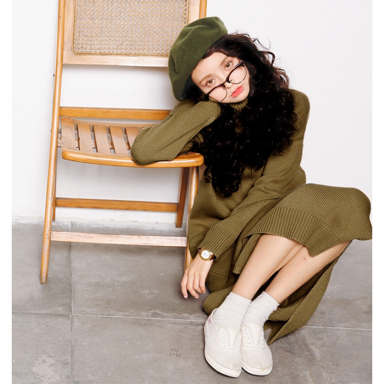 ワンピース レディース 長袖 ニット マキシ丈 ロング タートルネック 厚手 無地 スリット 秋 冬 シンプル ルームウェア ゆる カジュアル ブラック ブラウン ピンク 黒 茶色JOCOSA 即納 8294 あったかニット