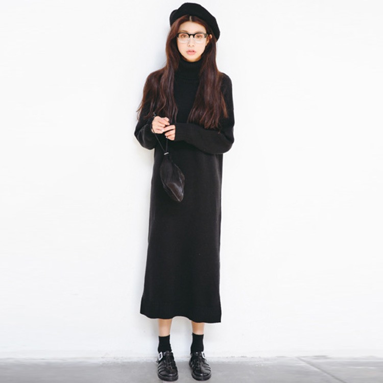 ワンピース レディース 長袖 ニット マキシ丈 ロング タートルネック 厚手 無地 スリット 秋 冬 シンプル ルームウェア ゆる カジュアル ブラック ブラウン ピンク 黒 茶色JOCOSA 即納 8294 あったかニット