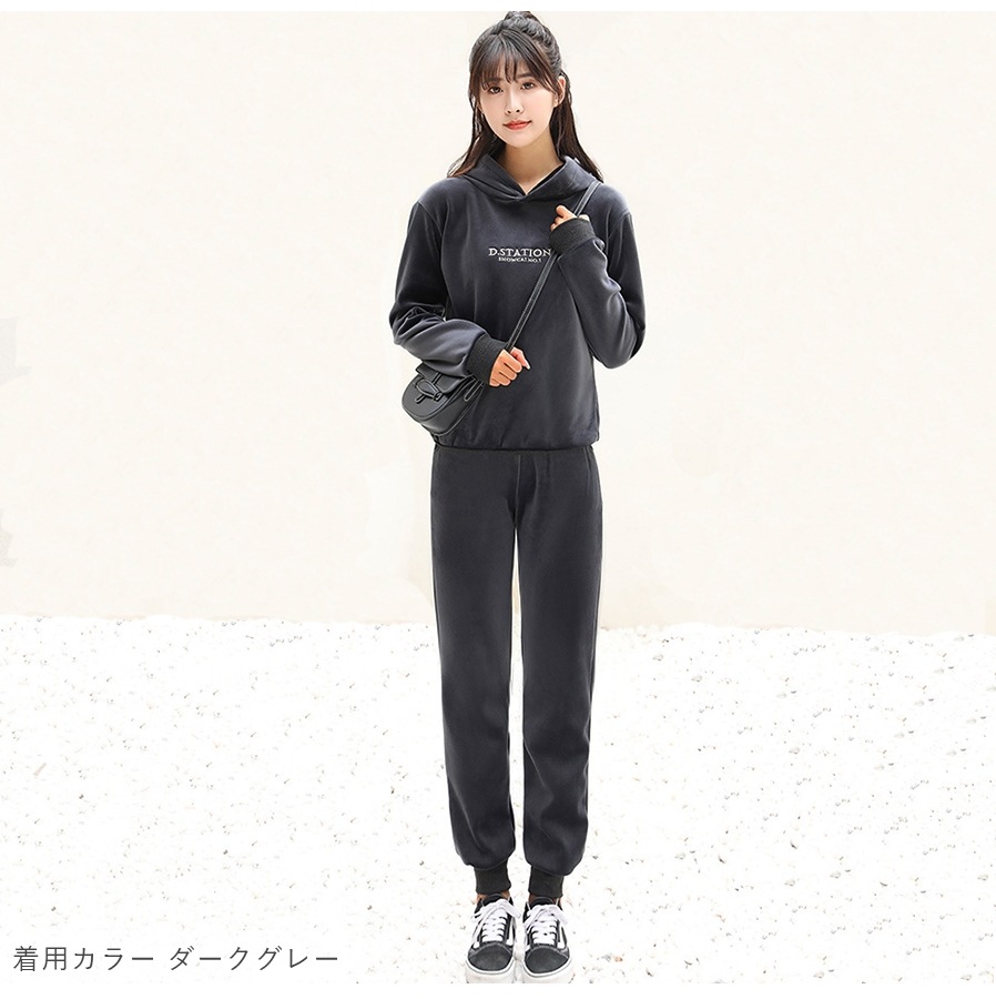 セットアップ ルームウェア 裏起毛 ホーム パジャマ 韓国ファッション トップス 長袖 フード パンツ ウエストゴム 部屋着 上下セット おしゃれ 春 秋 冬 レディース 新作 ブラック 黒 ダークグレー 灰 S M L JOCOSA 8435