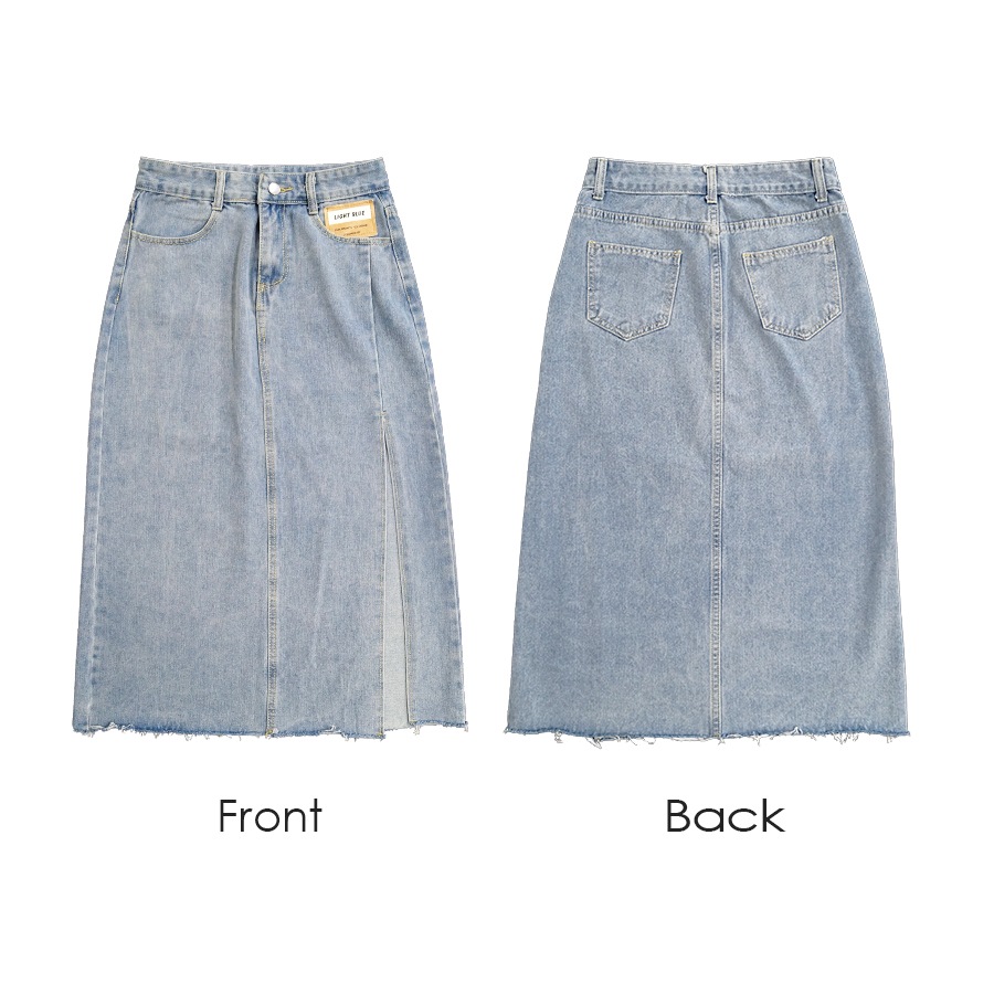 デニムスカート ロング丈 スリット タイトスカート カットオフ ポケット カジュアル シンプル 無地 タグ お出かけ デート 韓国ファッション レディース 新作 春 夏 秋 ブラック 黒 ブルー 青 S M L JOCOSA 9100