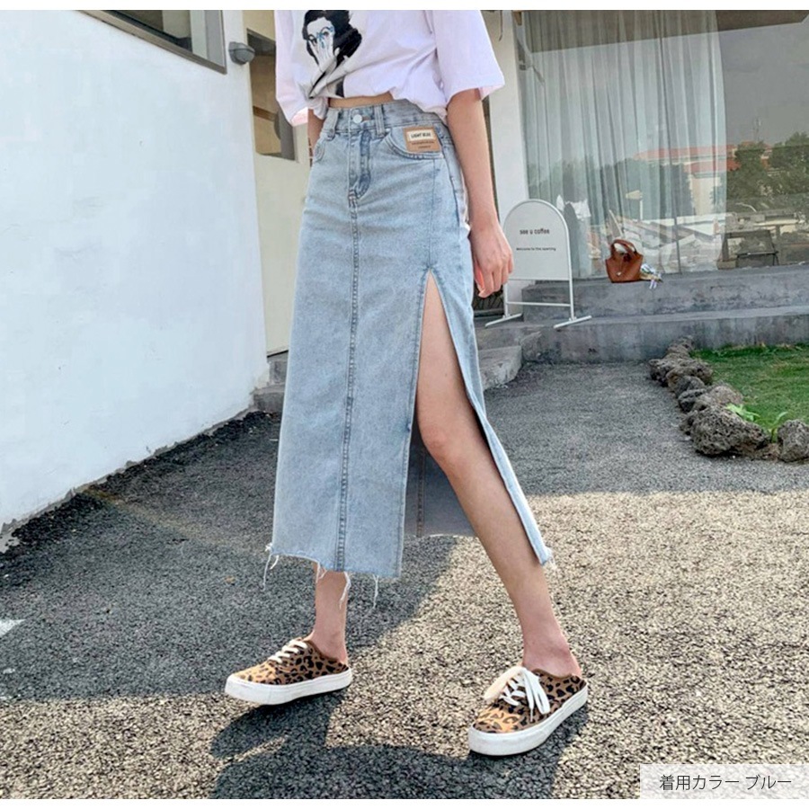 デニムスカート ロング丈 スリット タイトスカート カットオフ ポケット カジュアル シンプル 無地 タグ お出かけ デート 韓国ファッション レディース 新作 春 夏 秋 ブラック 黒 ブルー 青 S M L JOCOSA 9100