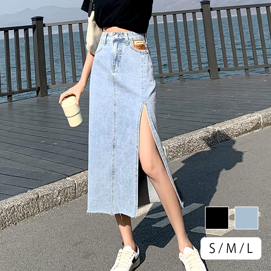 デニムスカート ロング丈 スリット タイトスカート カットオフ ポケット カジュアル シンプル 無地 タグ お出かけ デート 韓国ファッション レディース 新作 春 夏 秋 ブラック 黒 ブルー 青 S M L JOCOSA 9100