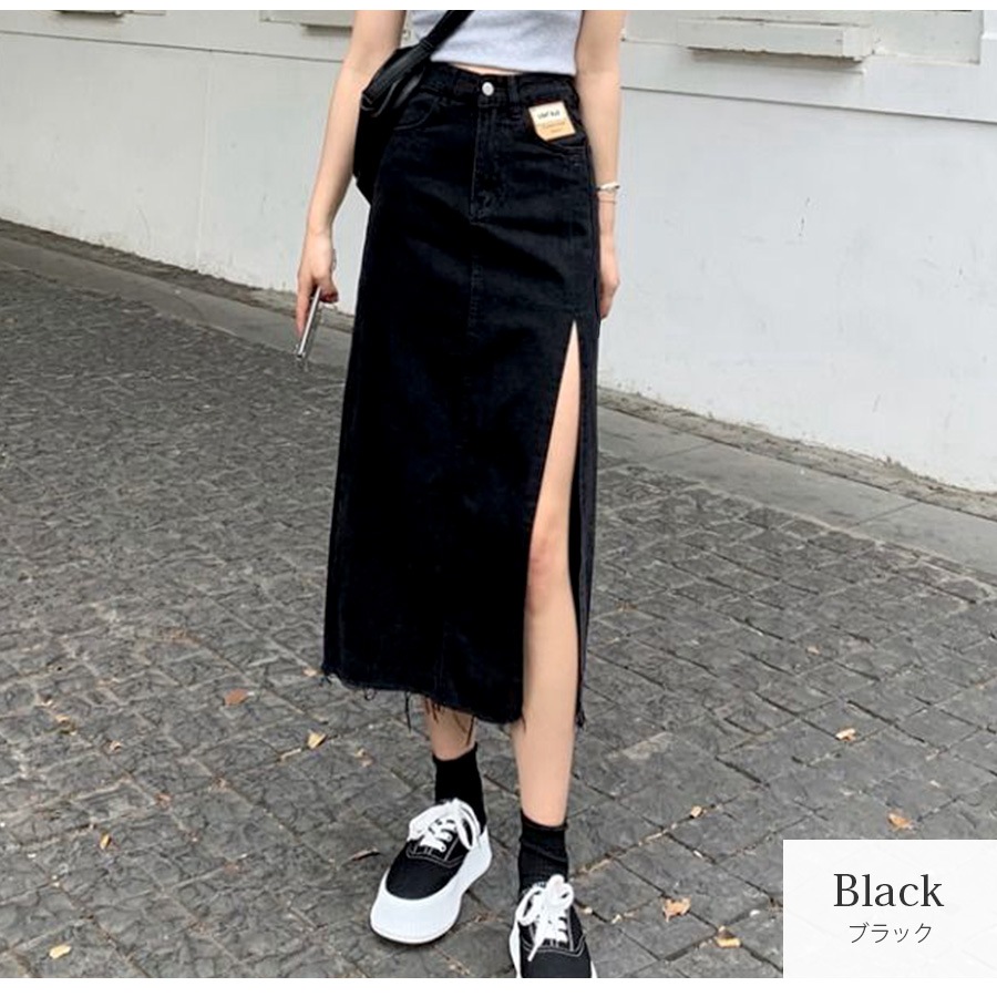 デニムスカート ロング丈 スリット タイトスカート カットオフ ポケット カジュアル シンプル 無地 タグ お出かけ デート 韓国ファッション レディース 新作 春 夏 秋 ブラック 黒 ブルー 青 S M L JOCOSA 9100