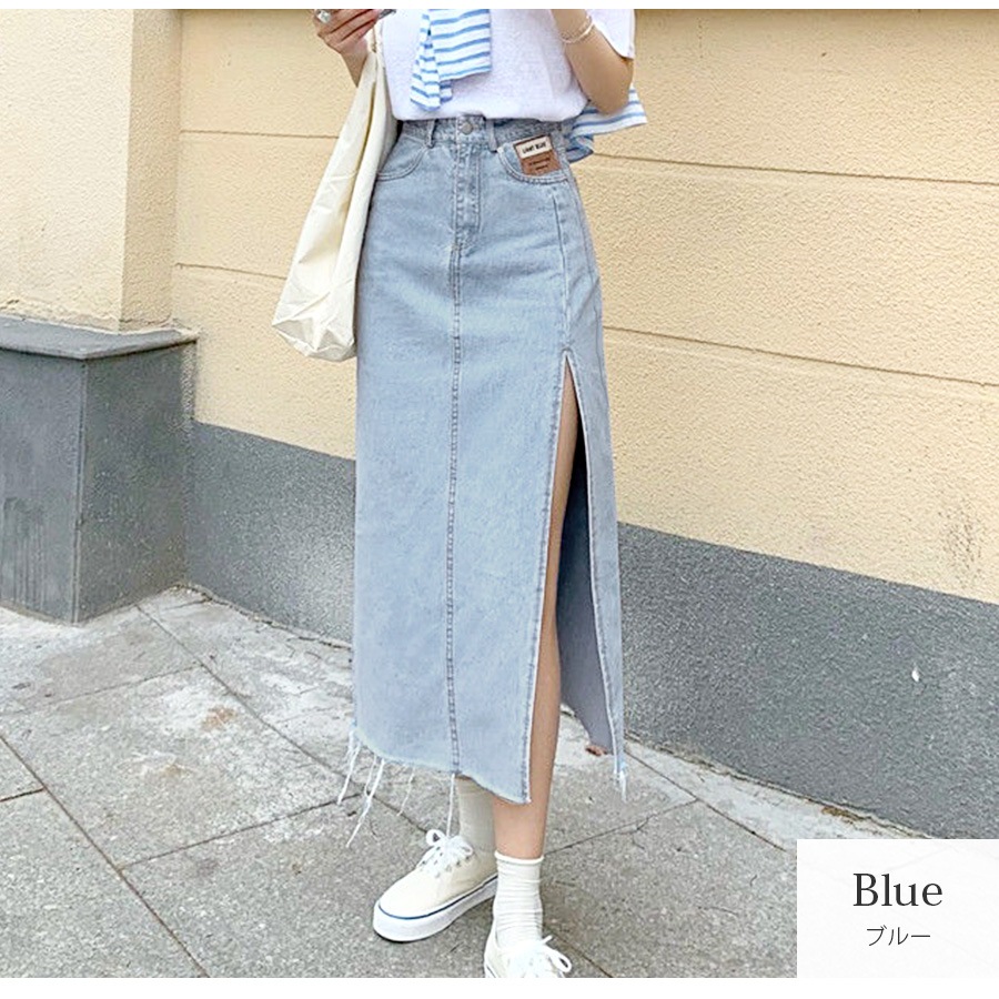 デニムスカート ロング丈 スリット タイトスカート カットオフ ポケット カジュアル シンプル 無地 タグ お出かけ デート 韓国ファッション レディース 新作 春 夏 秋 ブラック 黒 ブルー 青 S M L JOCOSA 9100